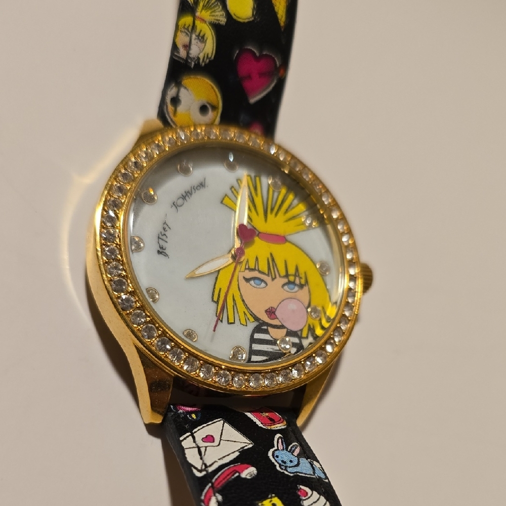 Betsey Johnson Gold Cartoon Watch with Black Strap
